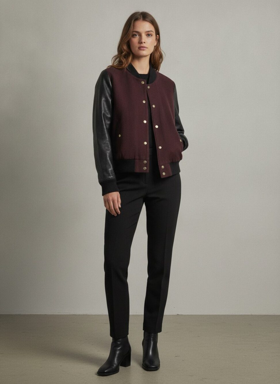 Theory Evans Wool & Leather Bomber Jacket, Burgundy/Black, S